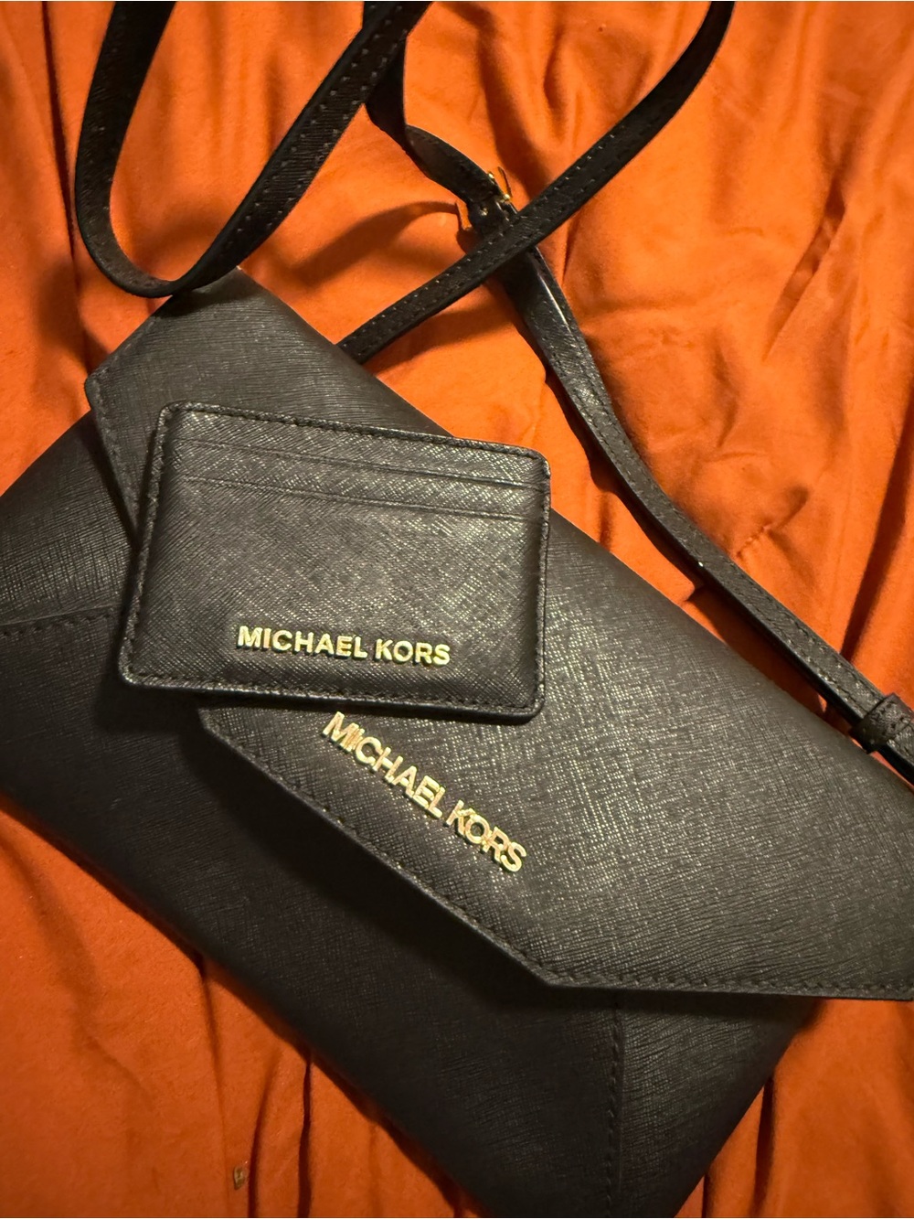 Michael Kors Black Saffiano Crossbody Wallet & Cardholder with Gold Logo